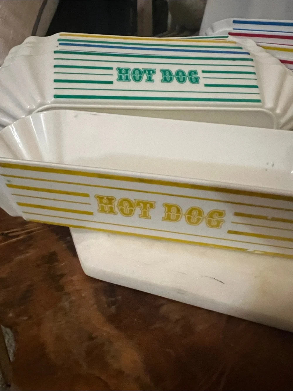 White Hot Dog Paper Trays with Multicolor Stripe Design